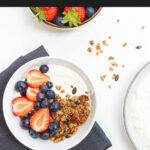Pinterest pin graphic with text and a photo of maple pecan granola