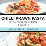 Pinterest graphic with text and two photos of prawn pasta