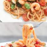Pinterest graphic with two images of chilli prawn pasta