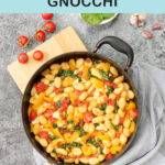 Pinterest graphic with text and a photo of cheesy chorizo gnocchi