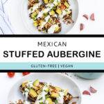 Pinterest graphic with text and two photos of Mexican stuffed aubergines