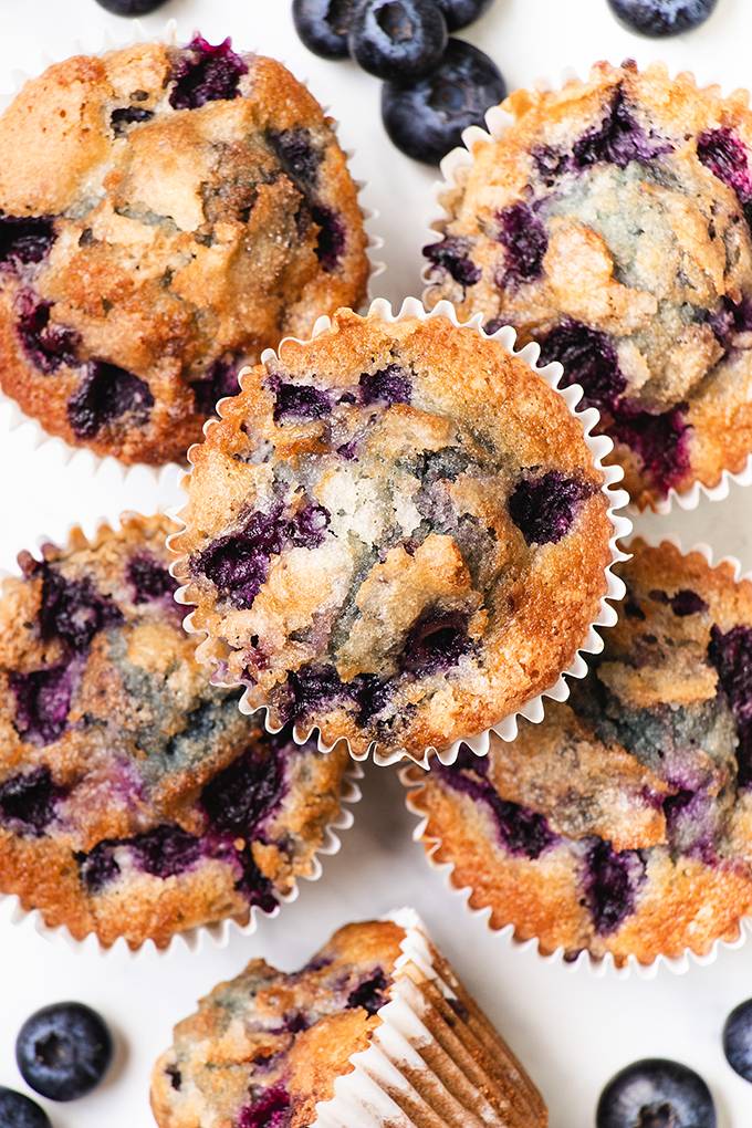 Top down view of some gluten free blueberry muffins