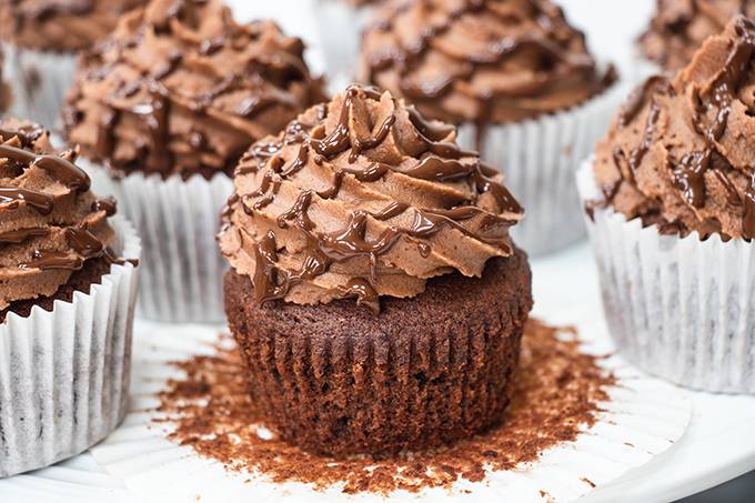 Close up of a gluten free nutella filled cupcake.