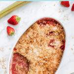 Pinterest graphic with text and a photo of strawberry and rhubarb crumble