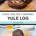 Pinterest pin graphic with text and two photos of a chocolate yule log