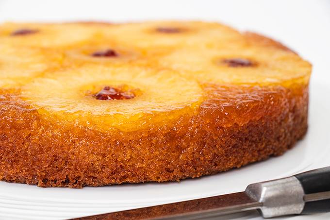 Close up of a gluten free pineapple upside down cake.