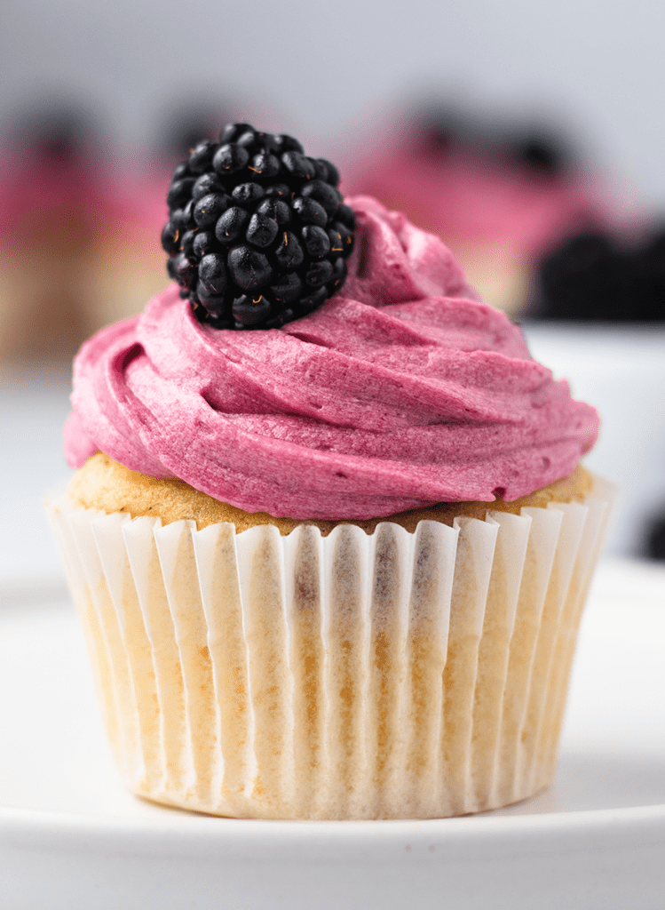 Close up of a cupcake with blackberry frosting and a fresh blackberry on top