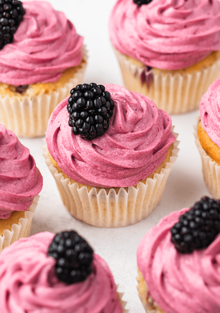 Cupcakes with blackberry frosting and fresh blackberries on top