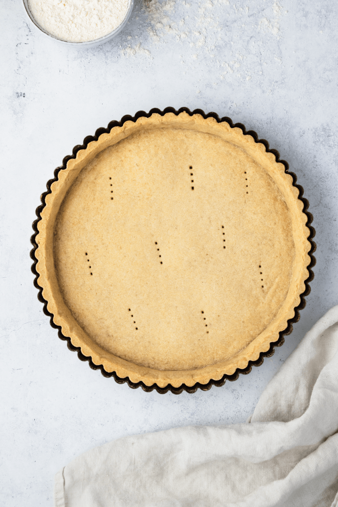 Top down view of a pie crust in a tin