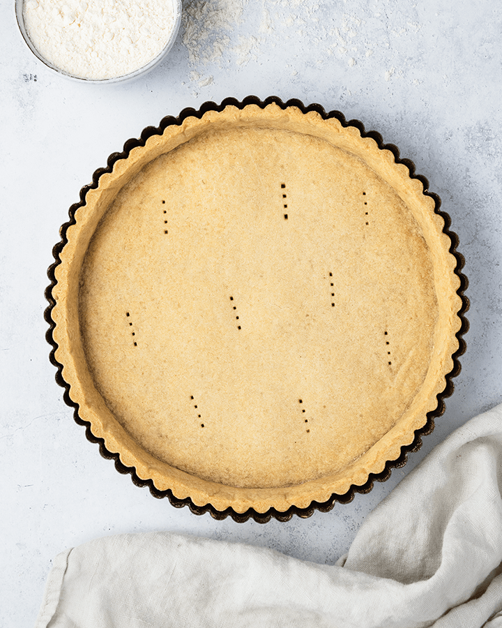 Top down view of a pie crust in a tin