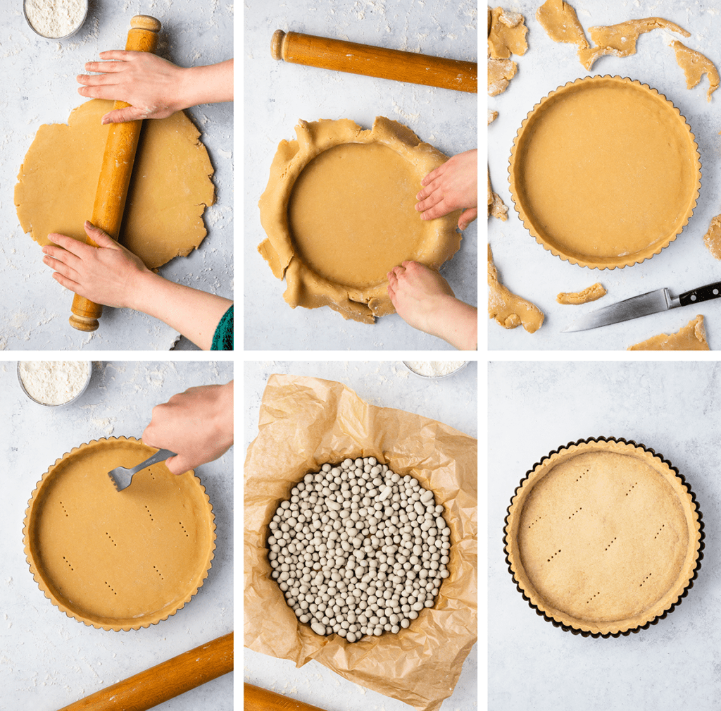 A collage with step by step photos showing how to put gluten free pastry into a pie tin and bake it