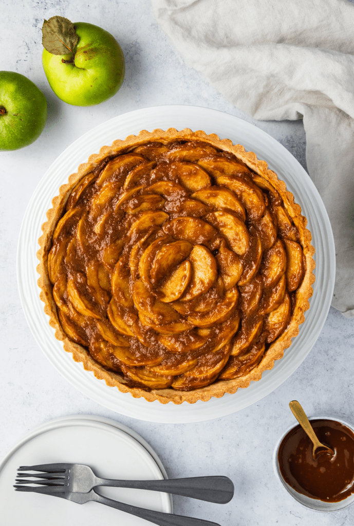 Top down view of a caramel apple tart