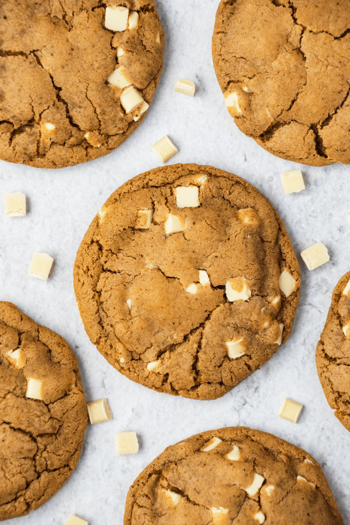 Top down view of white chocolate and ginger cookies