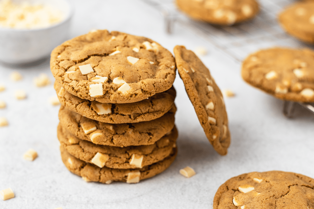 A stack of gluten free white chocolate gingerbread cookies