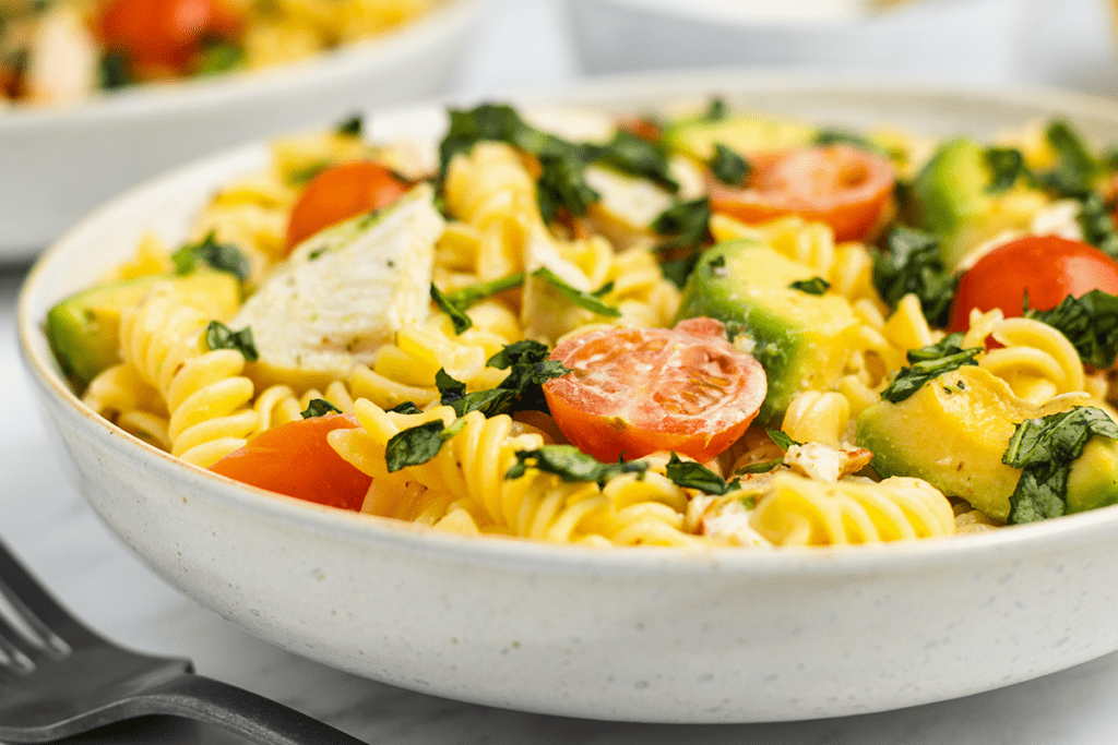 Close up of a dish of pasta. 